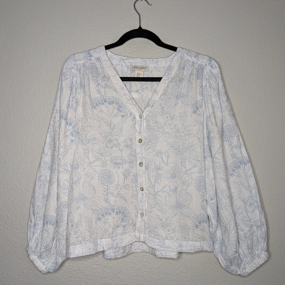 Laura Ashley White Blue Coastal Oversized Floral Puff Sleeve Button Up Top XS